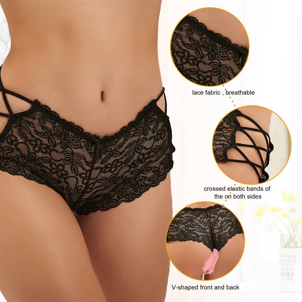 Sexy Black High Waist Floral Lace Strappy Panty