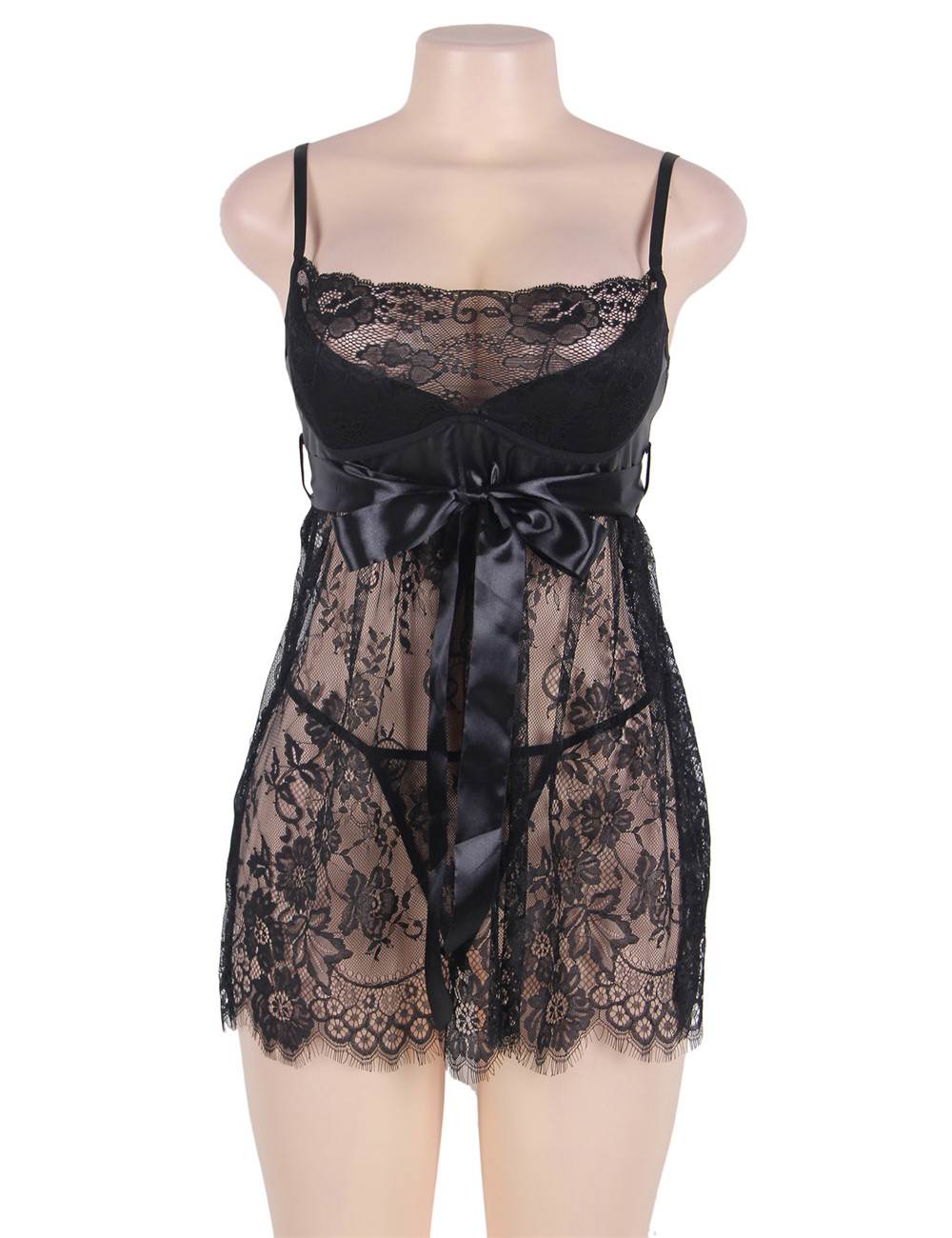 Sexy Black Eyelash Lace Chest Pad Plus Size Sleepwear With Thong