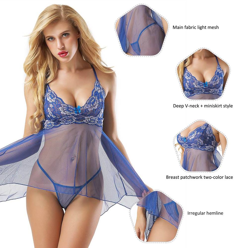 Plus Size Blue Sheer Mesh Babydoll Lingerie Set