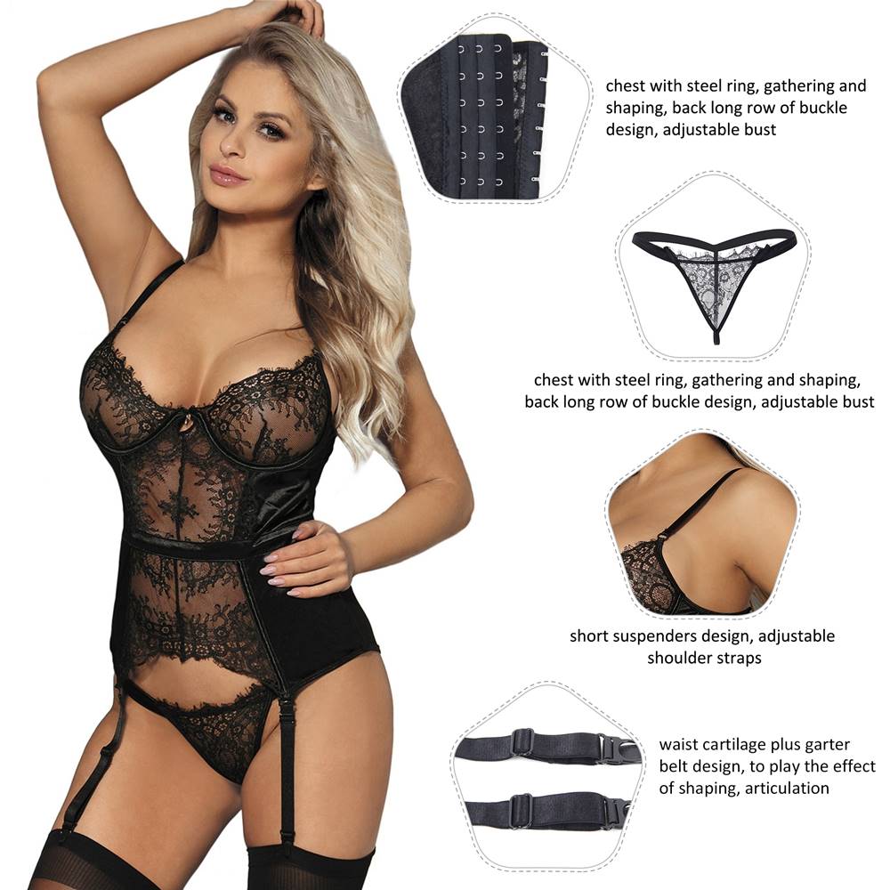 Elegant Eyelash Black Lace Plus Size Garter Lingerie With Underwire