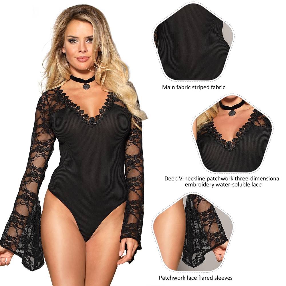 Plus Size Black Eyelashes Lace Horn Sleeve Teddy