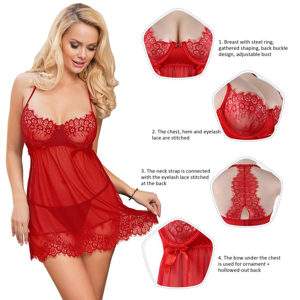 Sexy Red Sheer Floral Eyelash Trim Lace Babydoll Set With Underwire