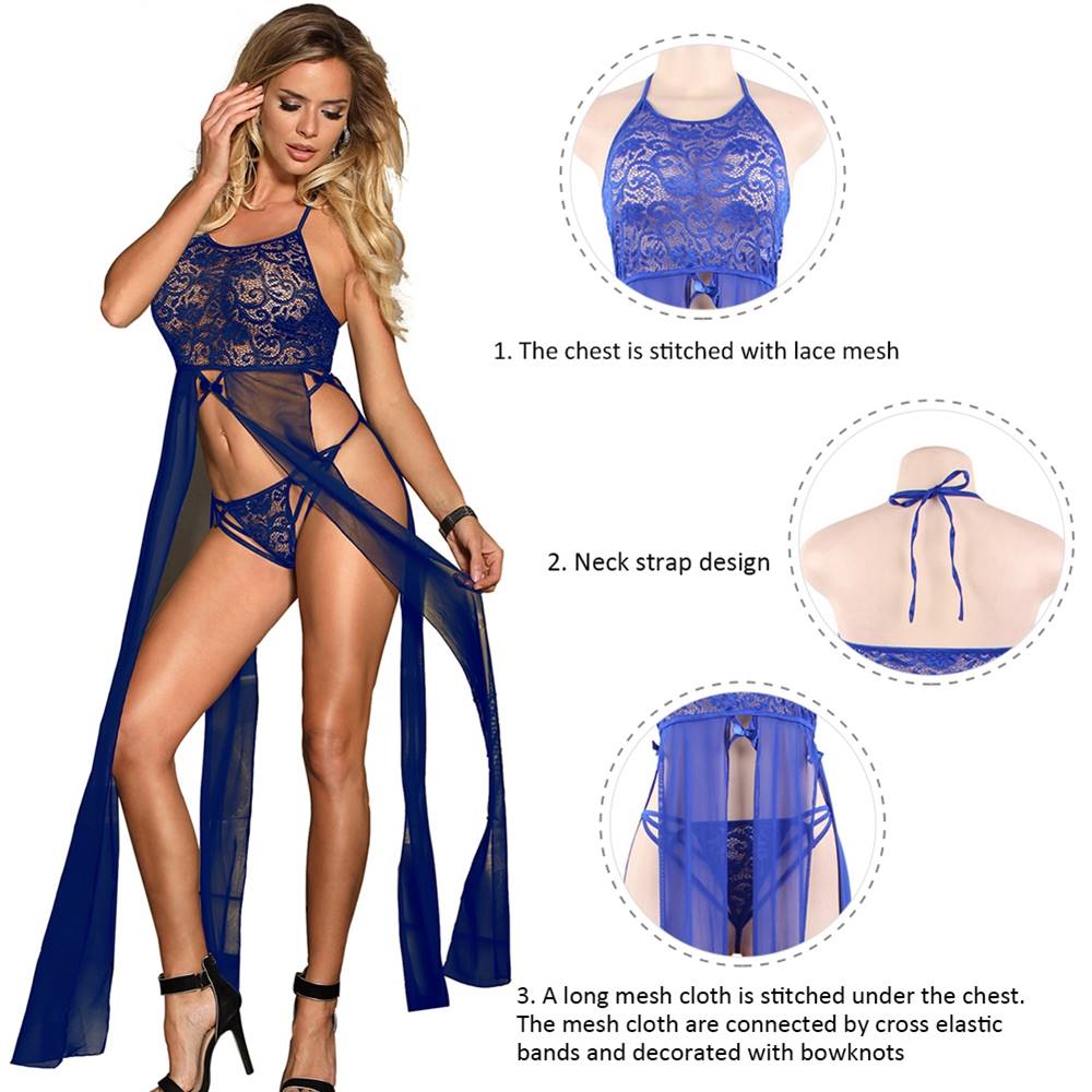 Plus Size Elegant Blue Hollow Out Lace Sexy Nightgown