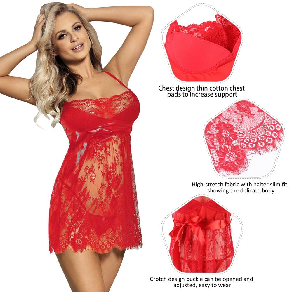 Plus Size Sleepwear With Thong Sexy Red Eyelash Lace Chest Pad Nightdress