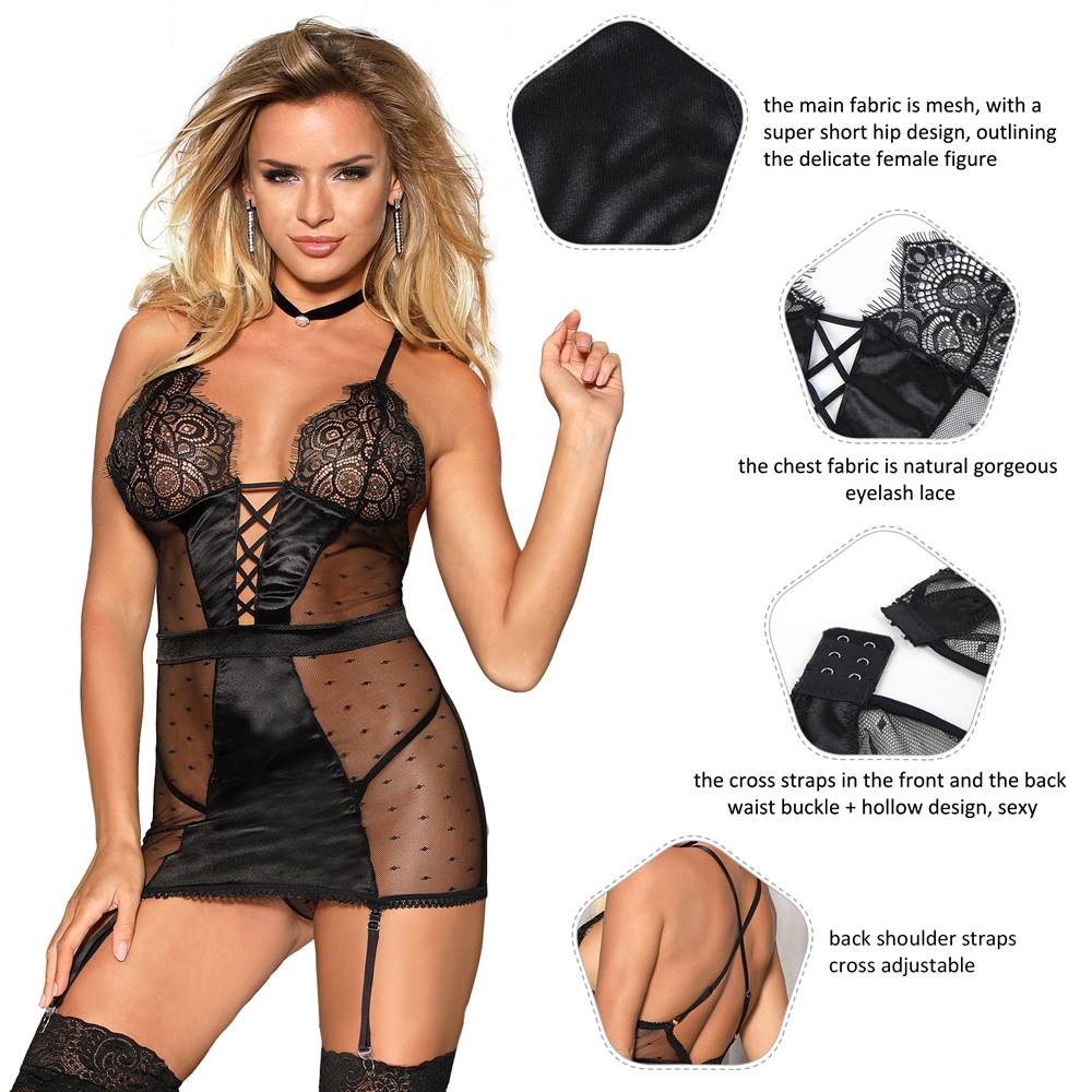 Sexy Black Slim See-through Mesh Garter Lingerie With G String