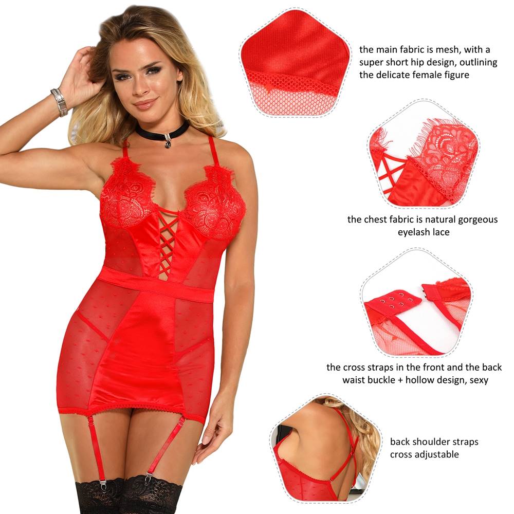 Garter Lingerie With G String Red Sexy Slim See-through Mesh Babydoll