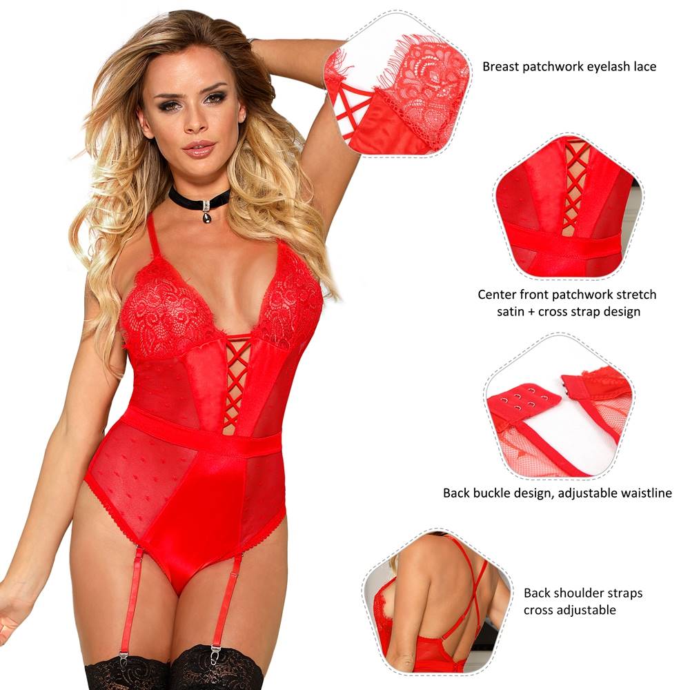 Plus Size Red Satin Lace Stitching Teddy With Garter