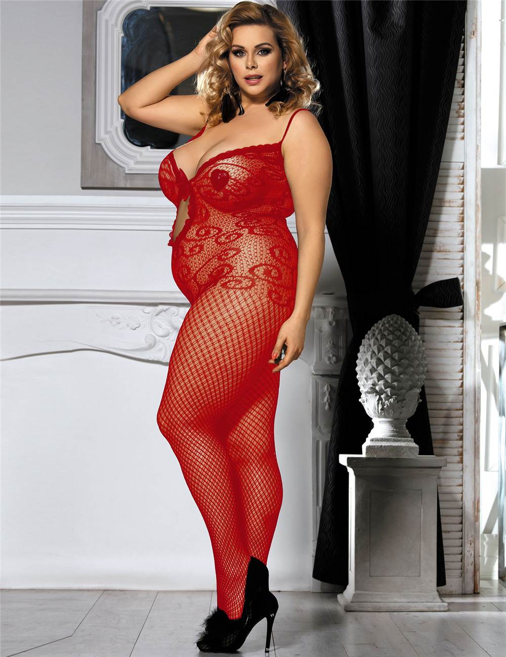 Plus Size Sexy Red Crocheted Fishnet Bodystockings