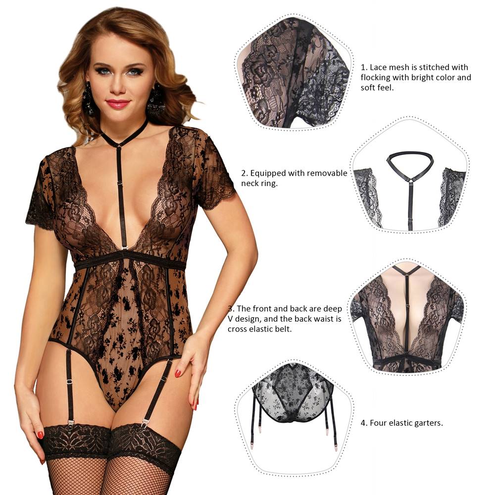 Plus Size Black Exquisite Lace Choker Neck Teddy