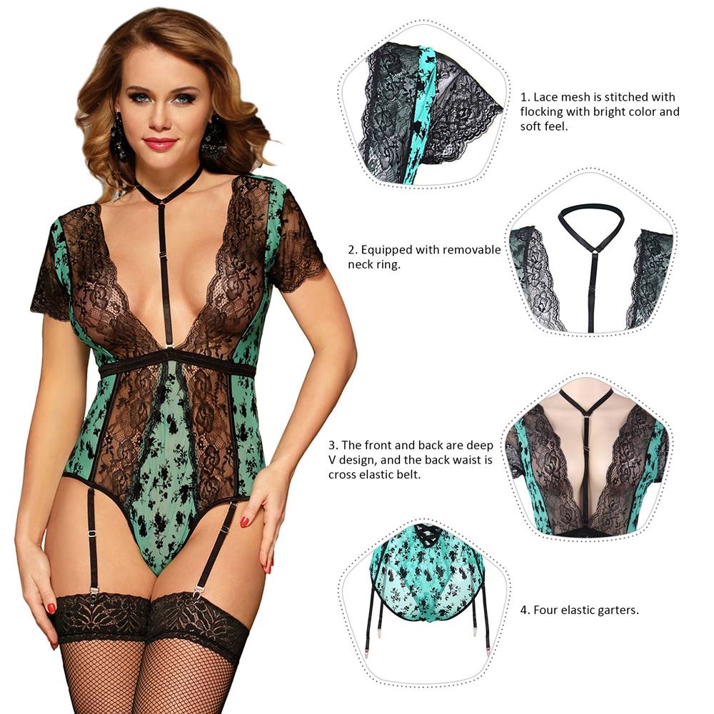 Plus Size Green Exquisite Lace Choker Neck Teddy