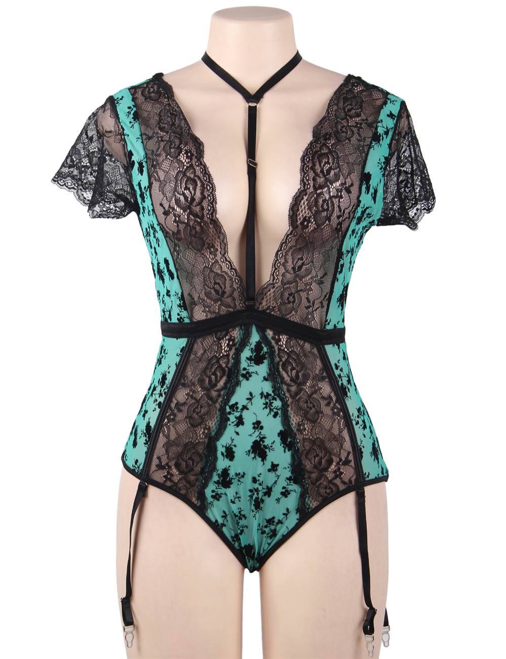 Plus Size Green Exquisite Lace Choker Neck Teddy