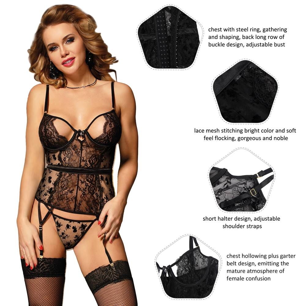 Exquisite Flocking Black Lace Garter Lingerie Plus Size With Underwire