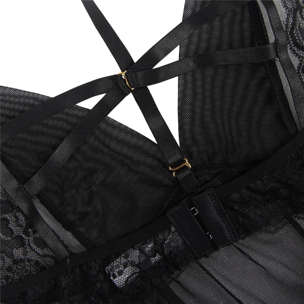 Elegant Black Lace Hanging Neck Perspective Sexy Babydoll