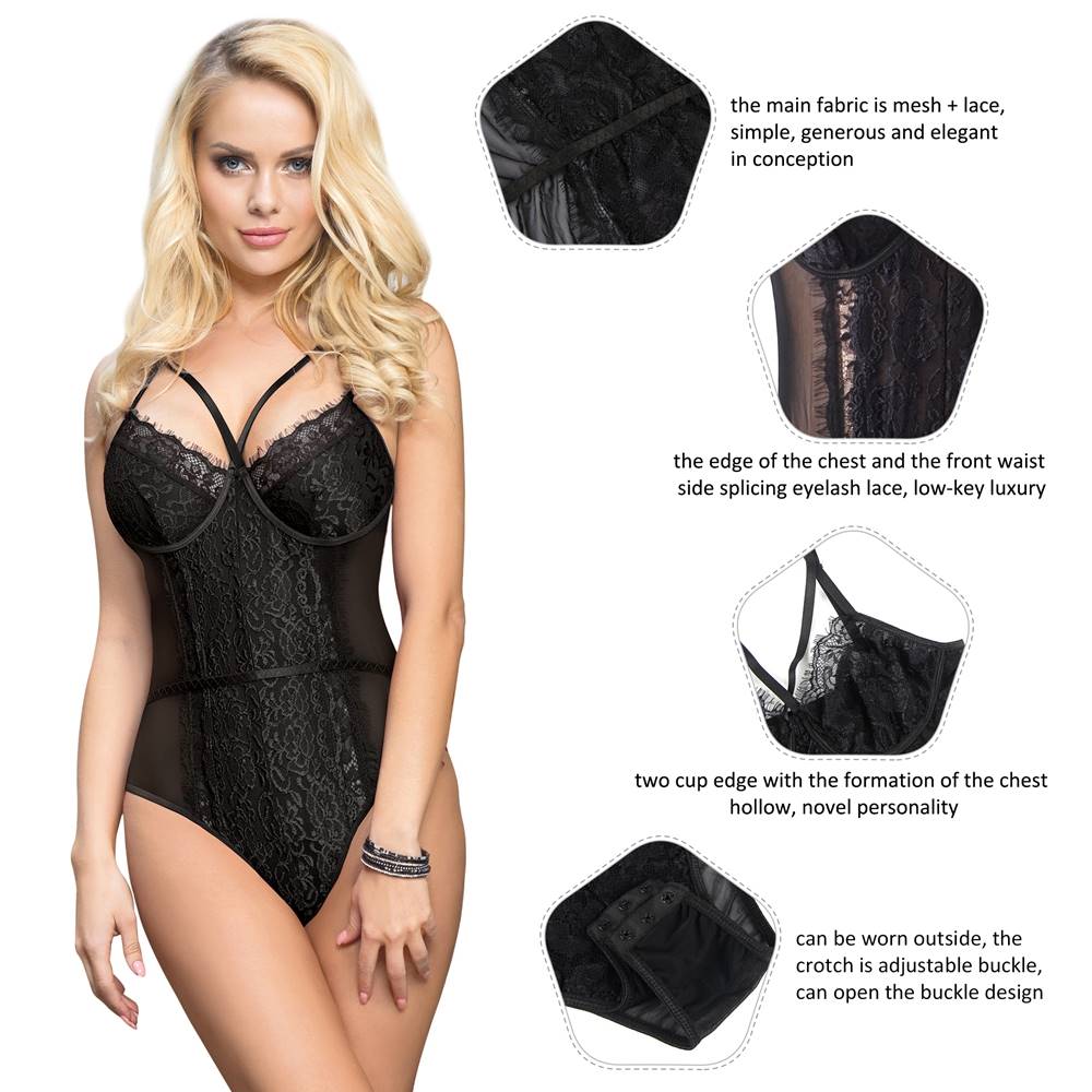 Lace Openable Crotch  Plus Size  Black Bodysuit Without Underwire