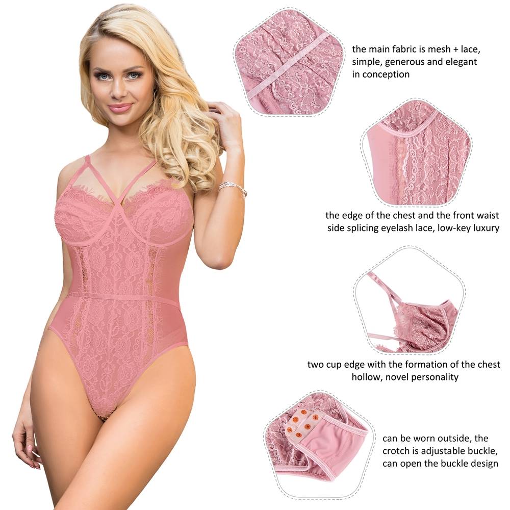Plus Size Bodysuit Without Underwire Pink Lace Openable Crotch Lingerie