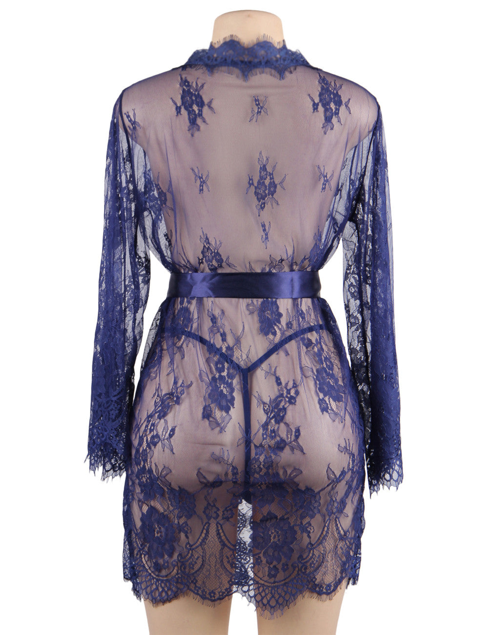 Plus Size Blue Sleepwear With Thong Sexy Long Sleeve Eyelash Lace Short Nightdress
