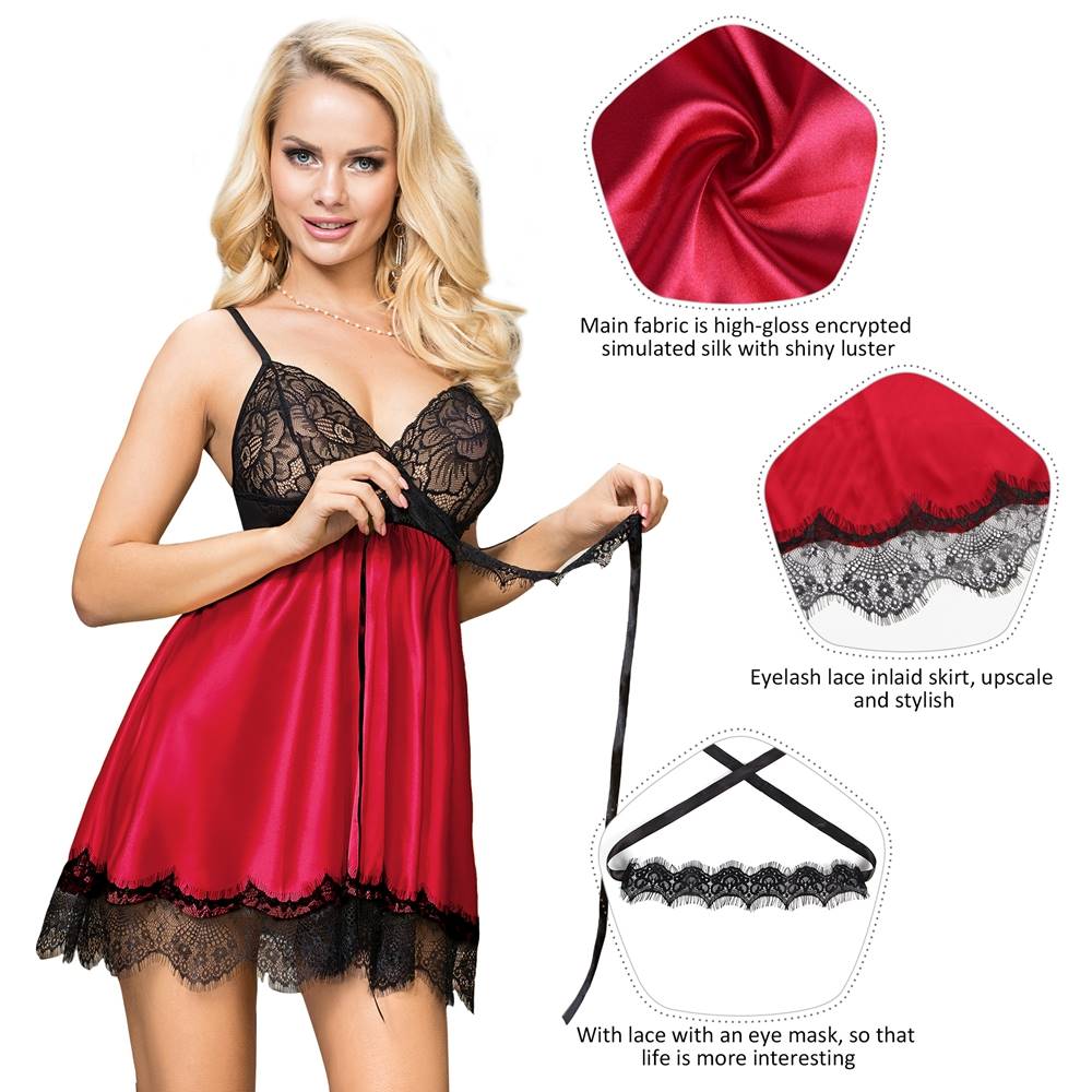 Red Plus Size Camisole Sleepwear Silk Eyelash Lace With Blindfold