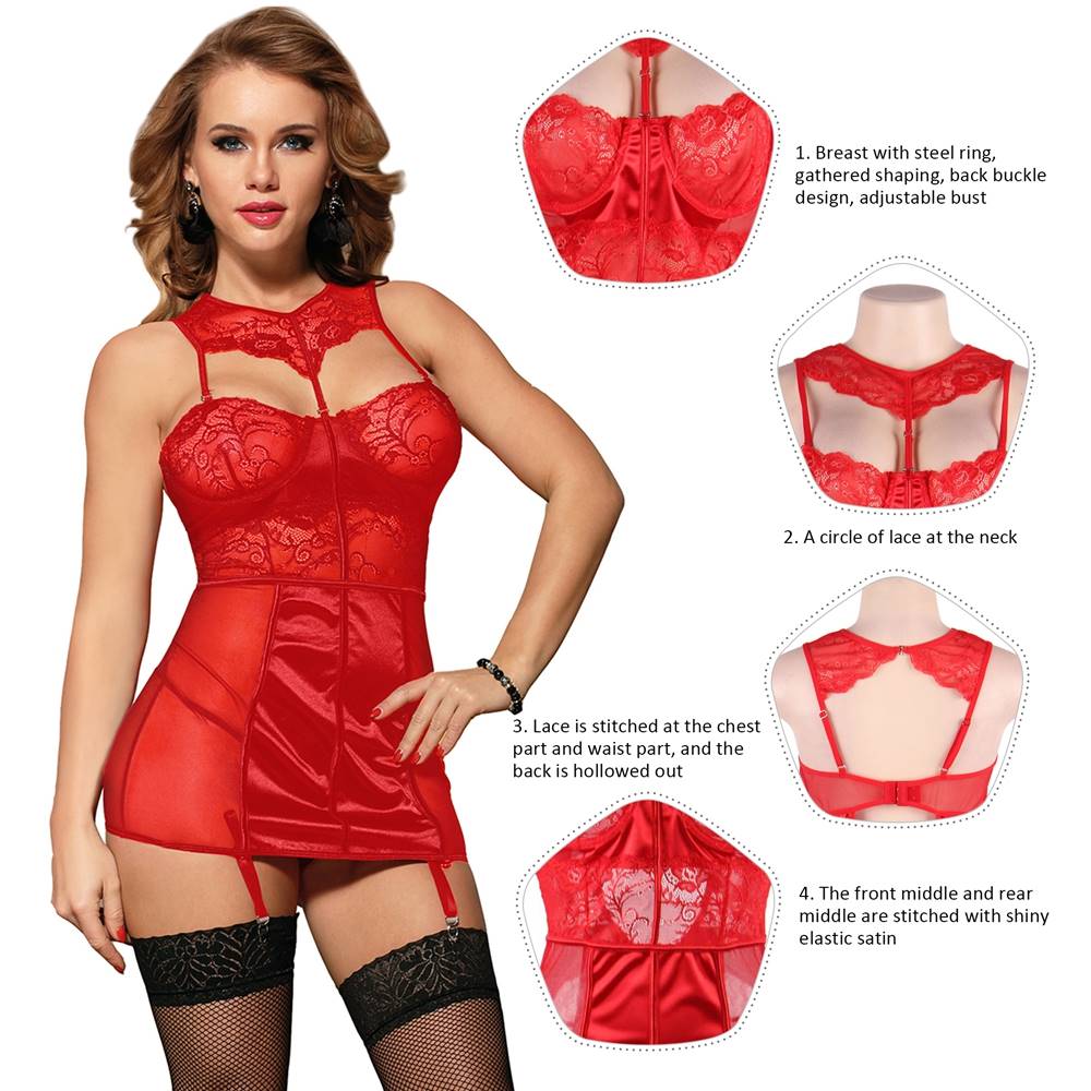 Red Deluxe Satin Lace Stitching Babydoll With Steel Ring