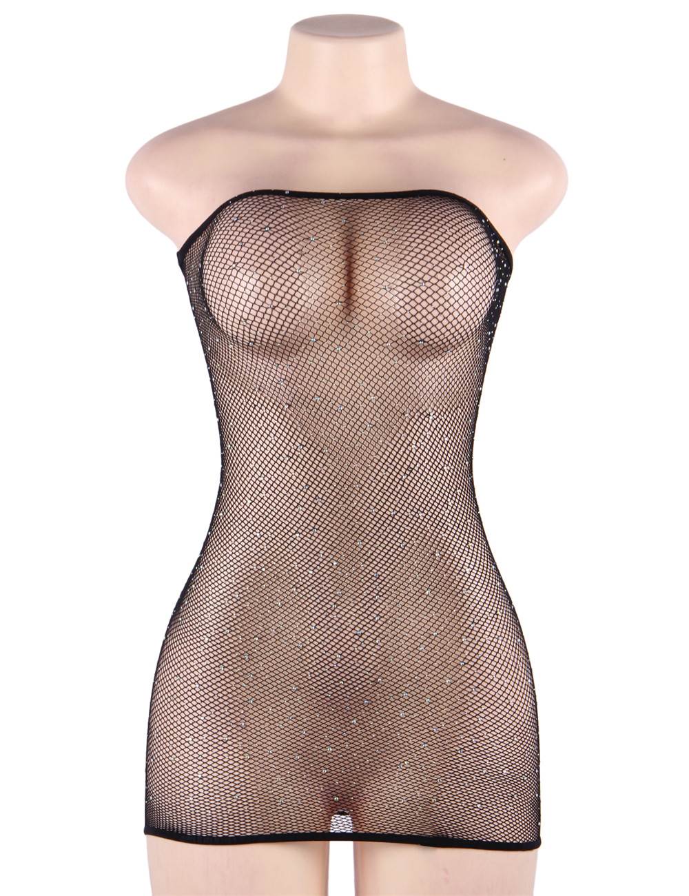 Plus Size Black Fishnet Off-the-shoulder Sparkle Bodystocking