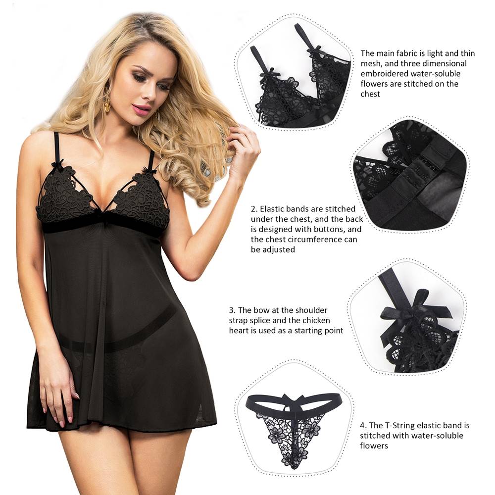 Black Lace High-end Delicate Embroidery Babydoll Lingerie Set