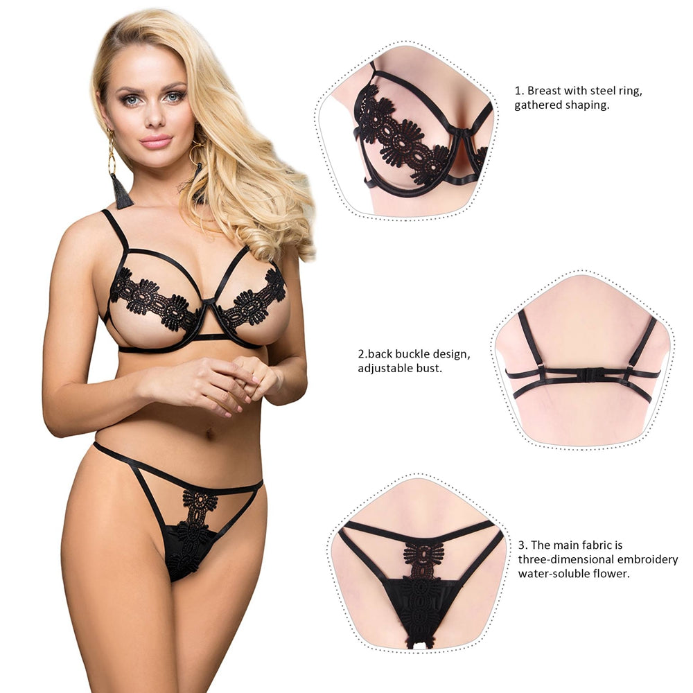 Plus Size Black Delicate Flowers Lace Hollow Out Bra Set With Underwire