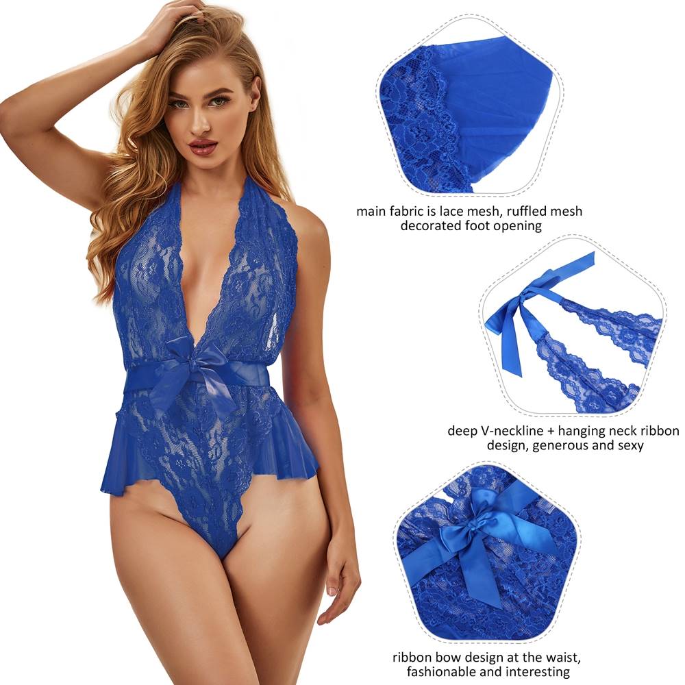 Sexy Neckline Ruffle Plus Size Halter V Teddy With The Belt
