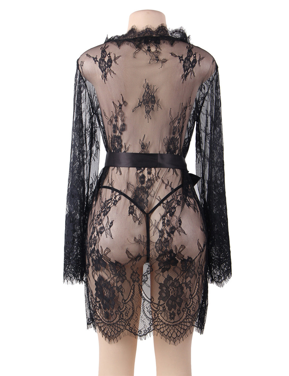Sexy Long Sleeve Eyelash Black Lace Short Plus Size Sleepwear With Thong