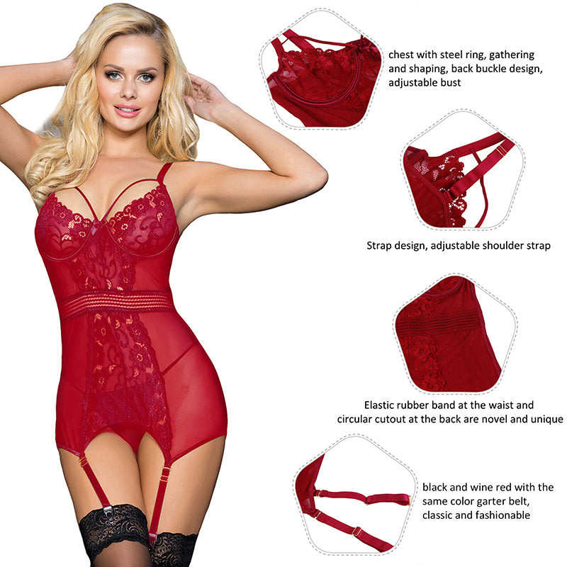 Garter Babydoll With Underwire Mesh Stitching Dark Red Lace Lingerie
