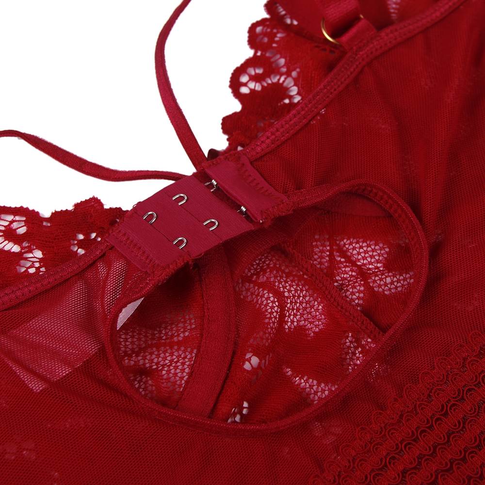 Garter Babydoll With Underwire Mesh Stitching Dark Red Lace Lingerie