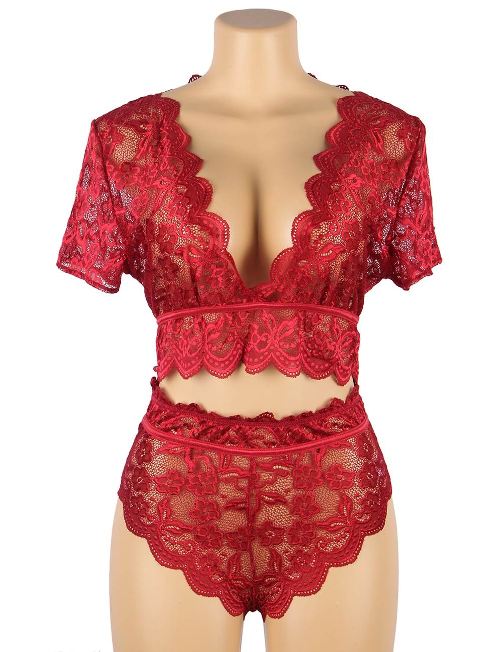 Plus Size High Waist Dark Red Full Lace Bra Panty Underwear