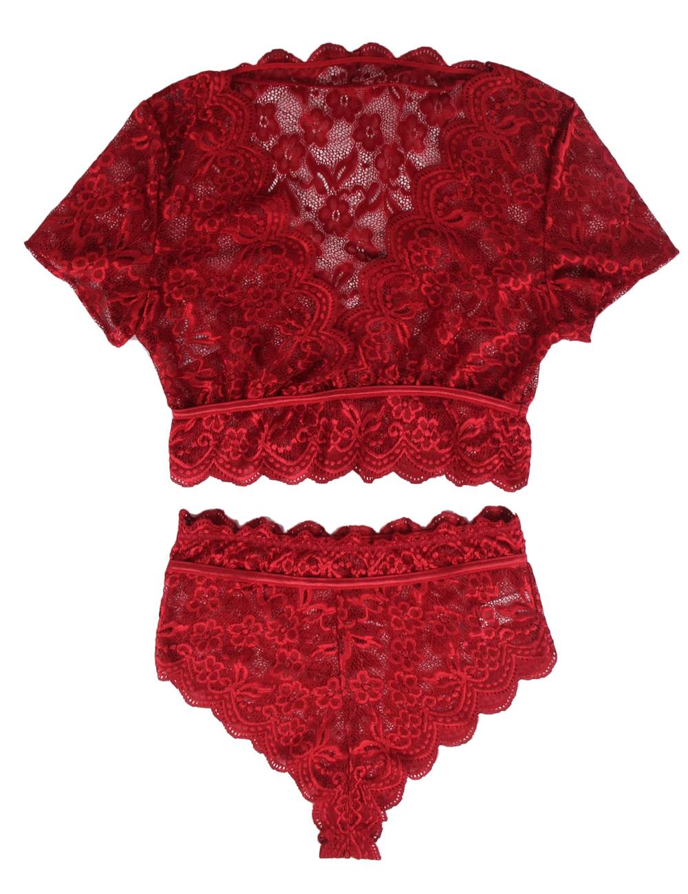 Plus Size High Waist Dark Red Full Lace Bra Panty Underwear