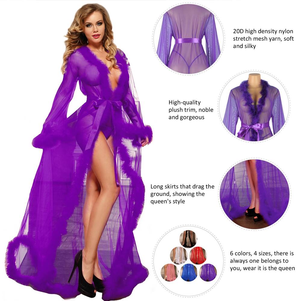 Sexy Purple Plus Size Sleepwear With Belt Plush Edging Mesh Robe