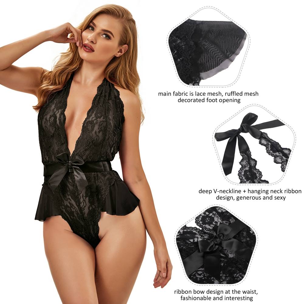 Sexy Halter V Neckline Ruffle Plus Size Teddy With The Belt