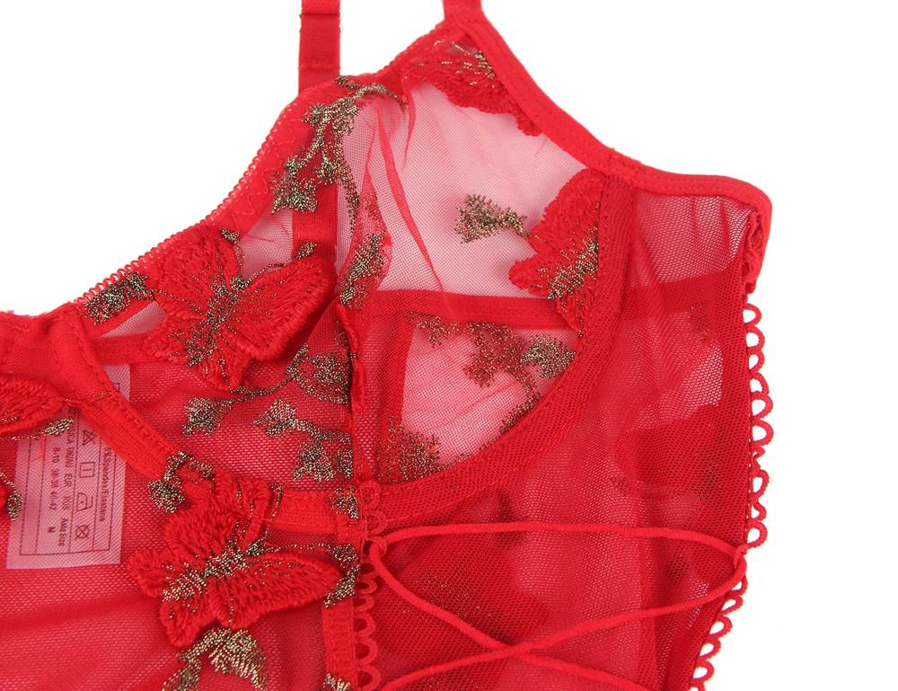 Red Butterfly Pattern Embroidery Mesh Lingerie Set With Underwire