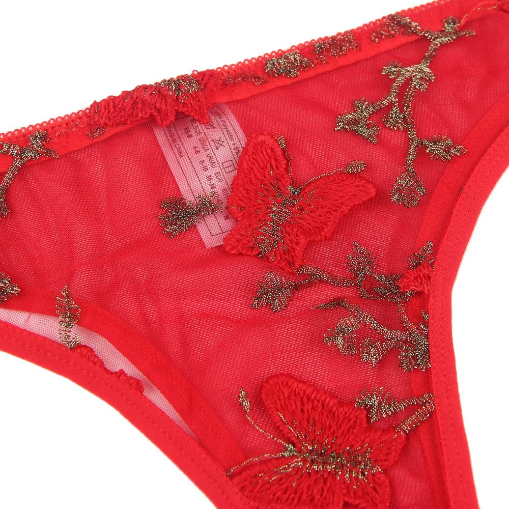 Plus Size Red Butterfly Pattern Embroidery Mesh Lingerie Set With Underwire