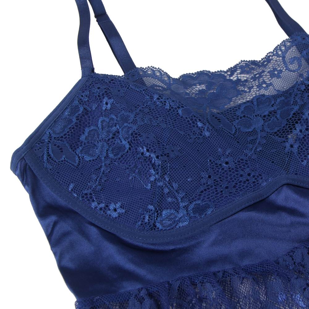 Sexy Eyelash Blue Lace Chest Pad Sleepwear With Thong
