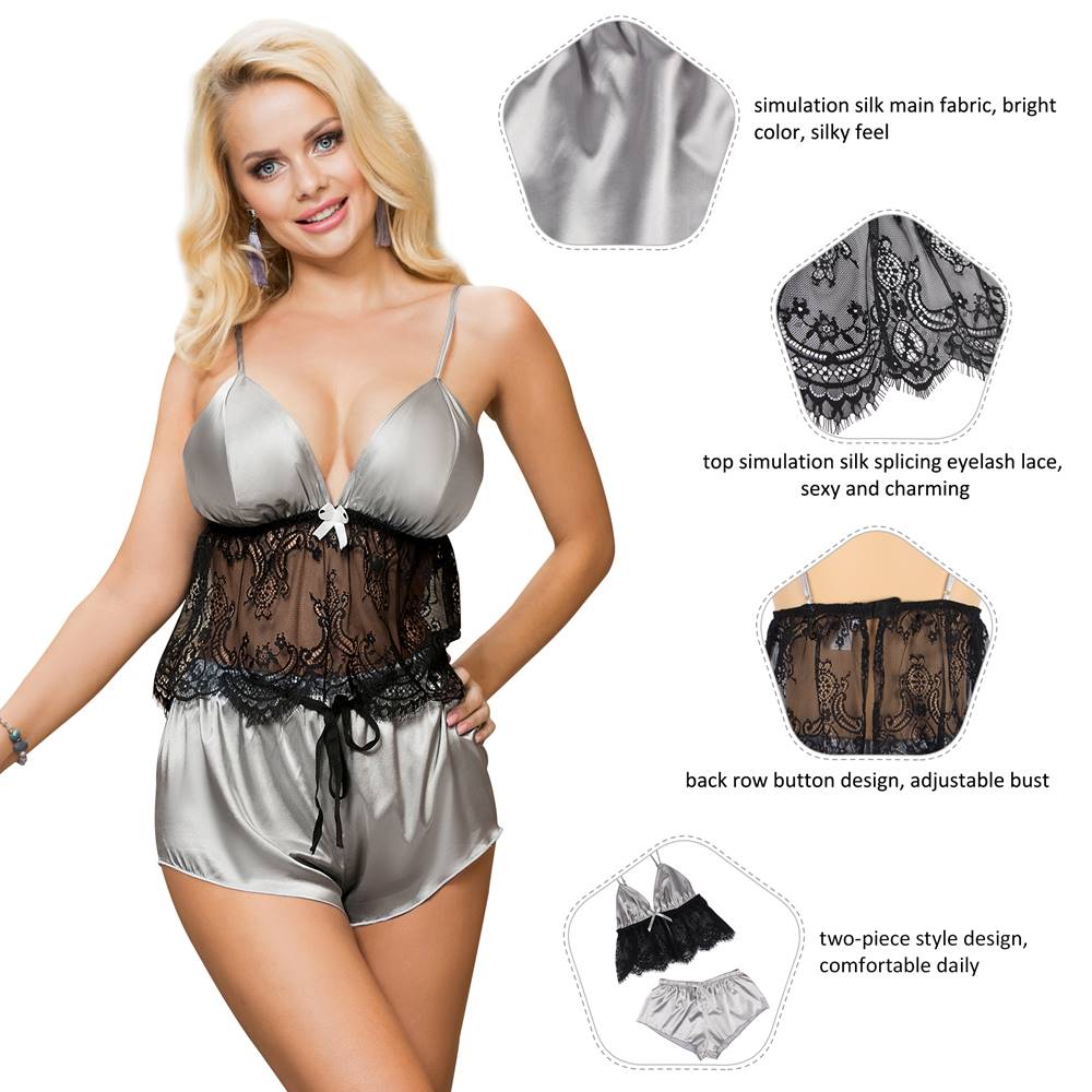 Fashion Eyelash Lace Silk Camisole Sleepwear Set