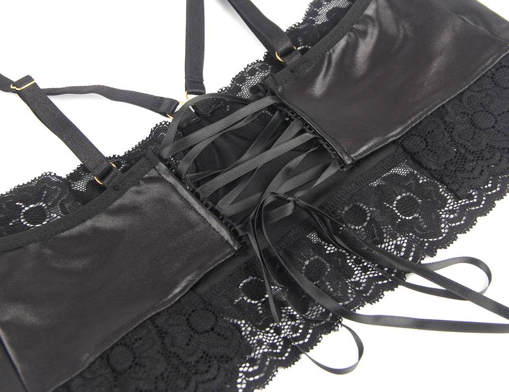 Plus Size Lace Leather Stitching Sexy Leg Loops Bra Set