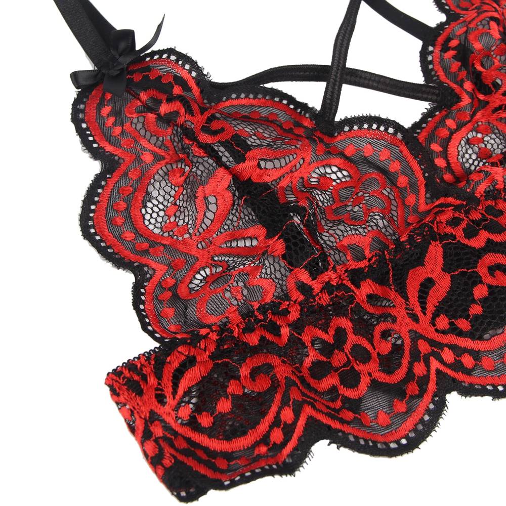 High Quality Red Lace Cross Strap Decoration Sexy Bra Set