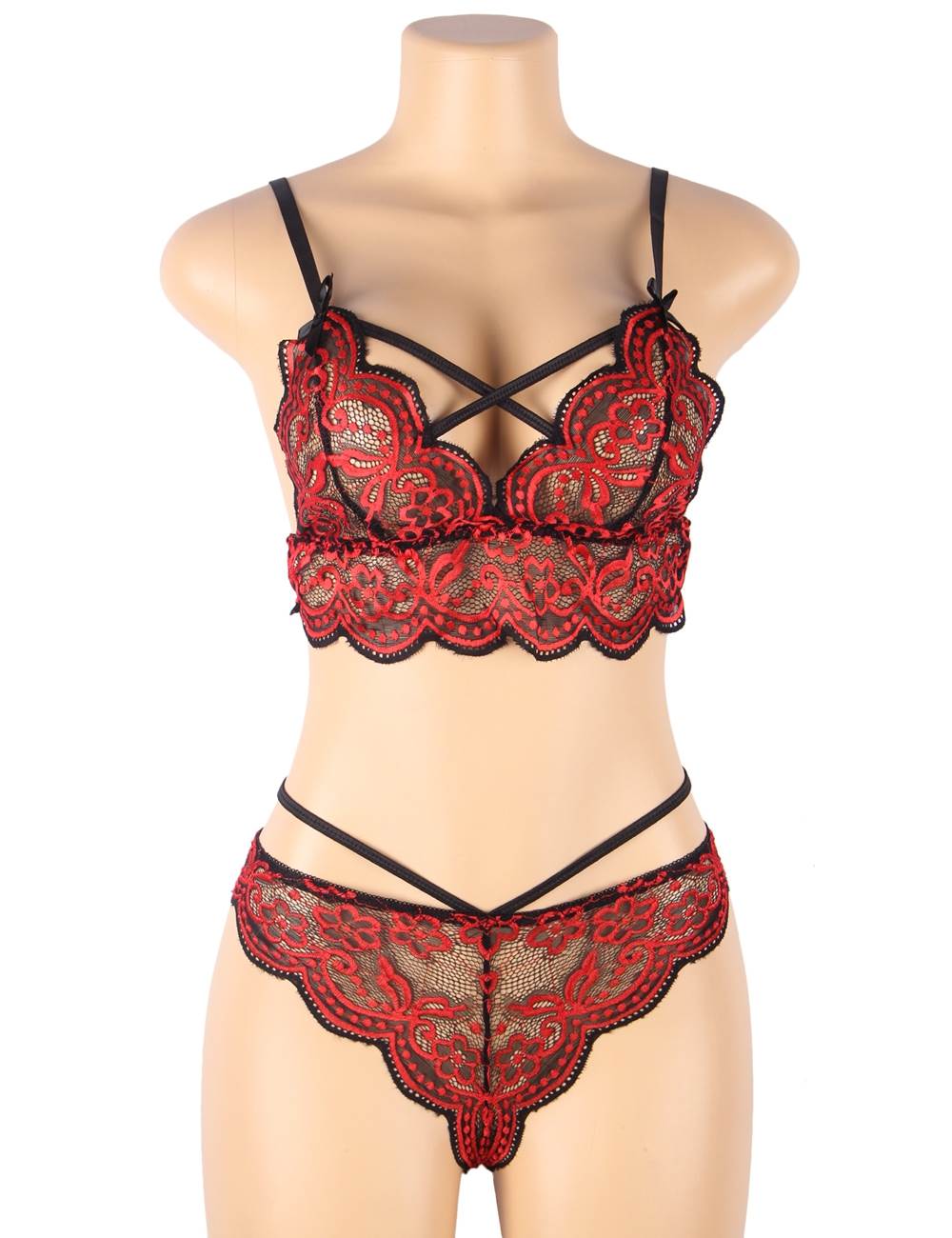High Quality Red Lace Cross Strap Decoration Sexy Bra Set