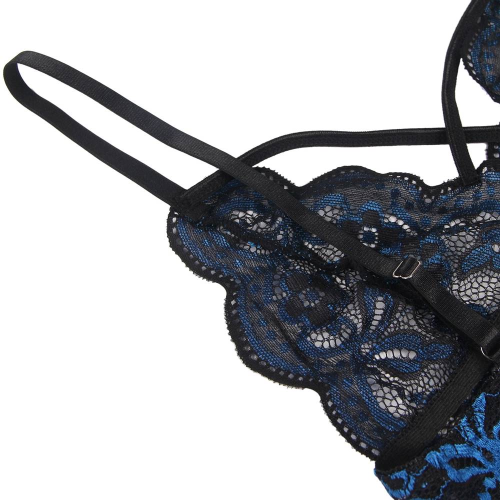 High Quality Blue Lace Cross Strap Decoration Sexy Bra Set
