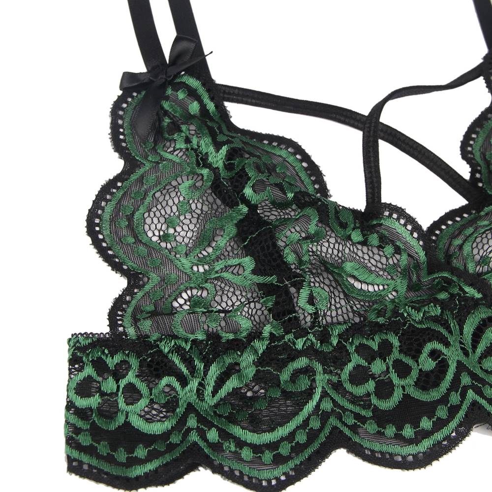 High Quality Green Lace Cross Strap Decoration Sexy Bra Set