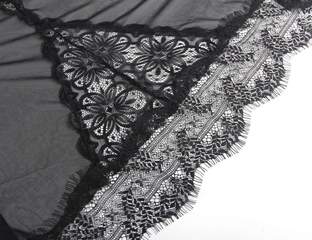 Sexy Black Soft Eyelash Lace Sheer Babydoll Set