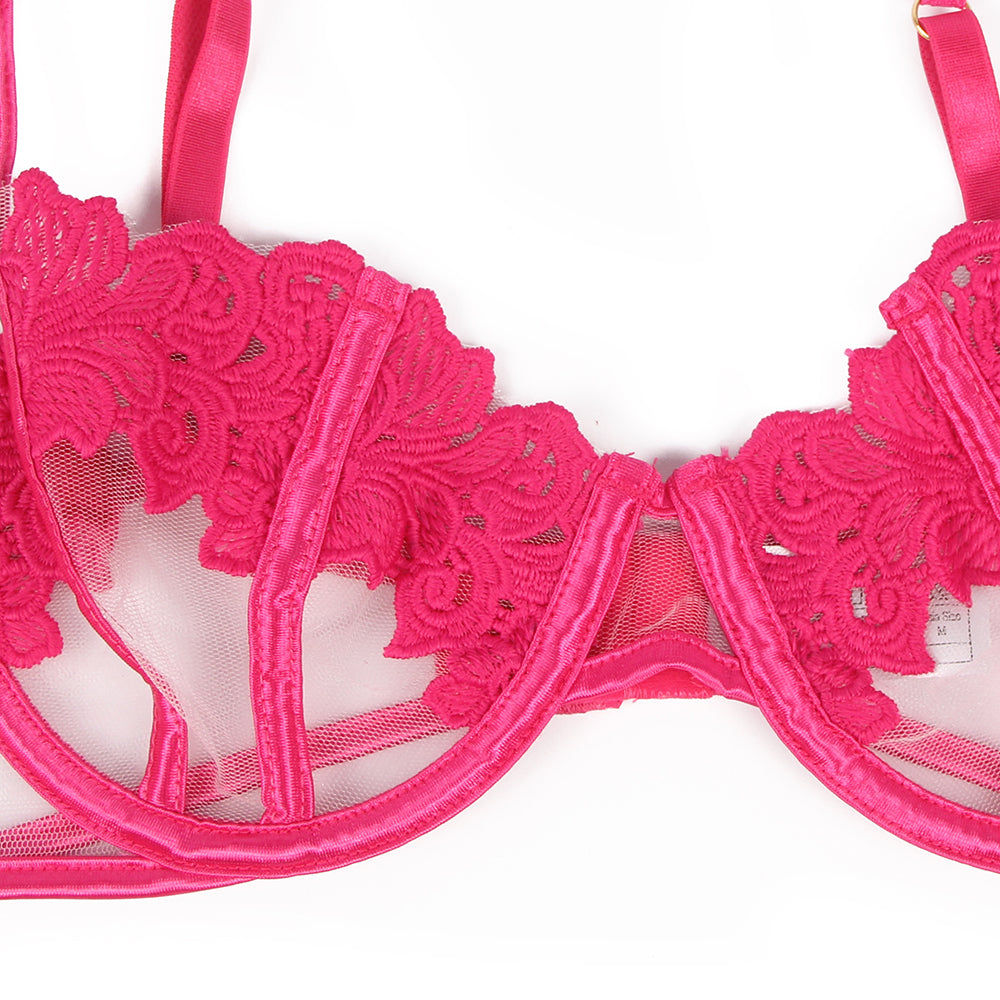 Pink Floral Lace Underwire Garter Lingerie Set