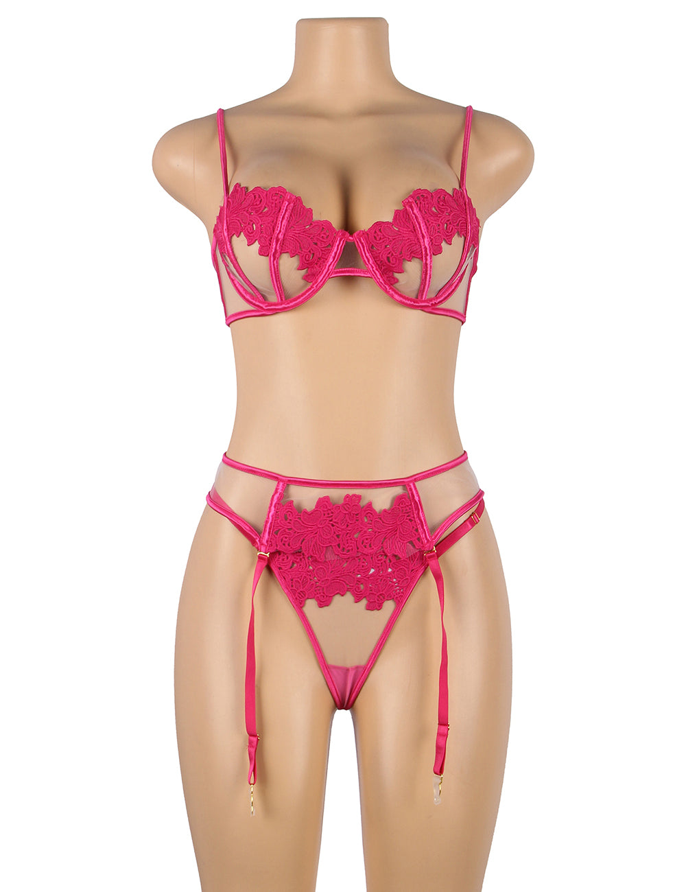 Pink Floral Lace Underwire Garter Lingerie Set