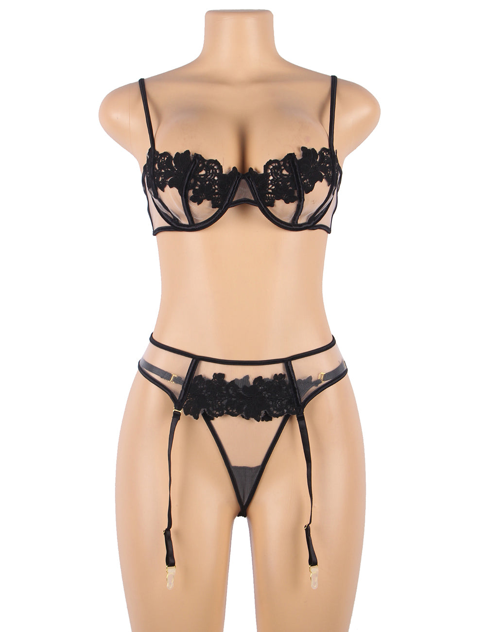 Black Floral Lace Underwire Garter Lingerie Set