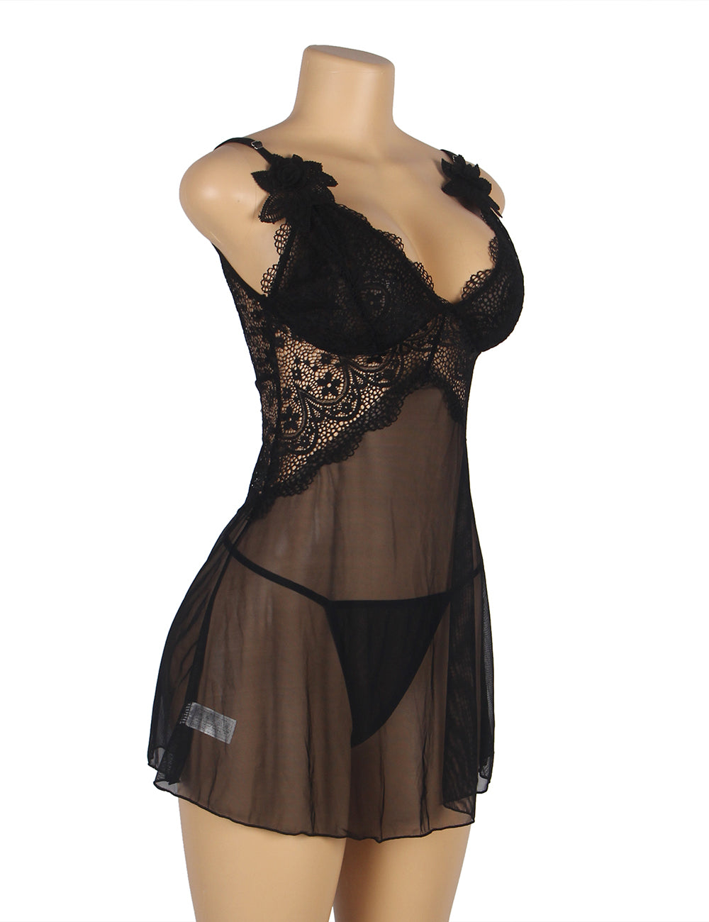 V Neck Black Lace Stitching Strap with Flower Babydoll