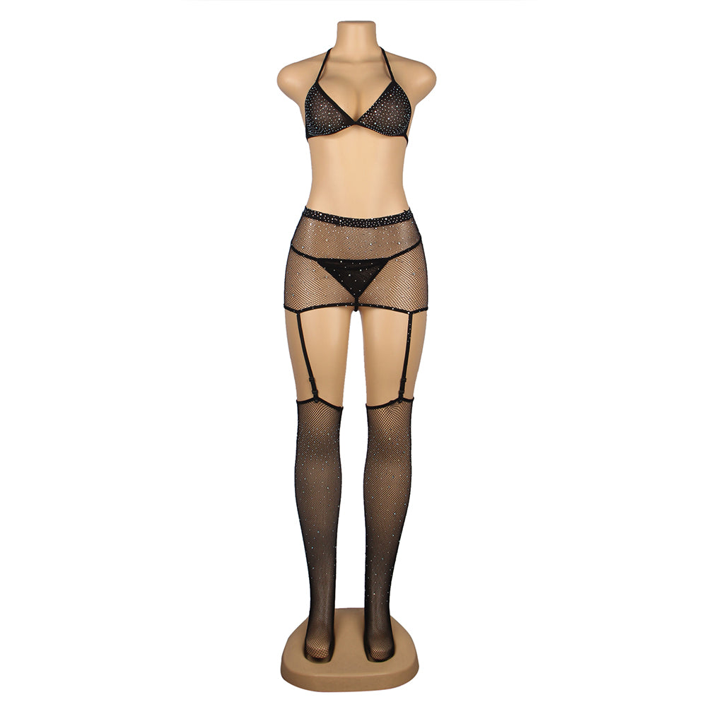 Black Sexy Diamond Fishnet Bodystocking with Gloves