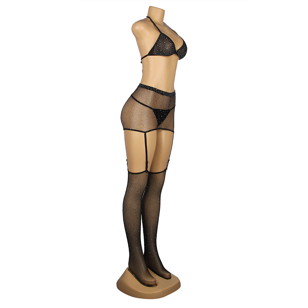Black Sexy Diamond Fishnet Bodystocking with Gloves