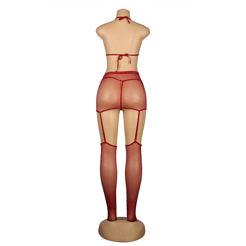 Red Sexy Diamond Fishnet Bodystocking with Gloves